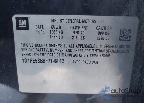 2015 Chevrolet Cruze 2Lt Auto из США, поврежденный, VIN 1G1PE5SB6F7199012